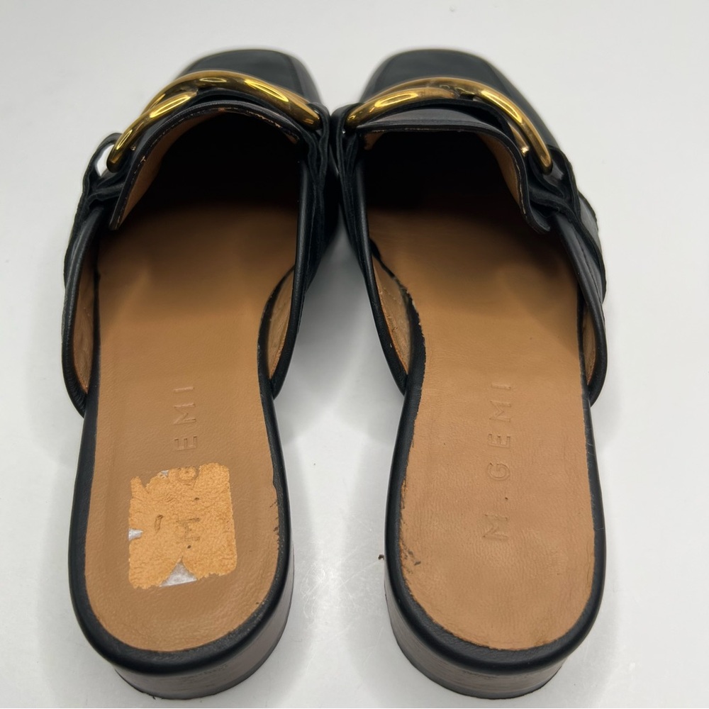 M. Gemi Black Leather Mule Slides with Gold Chain Accent - Picture 13 of 15